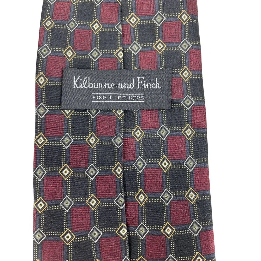 Kilburne & Finch Red & Black Geometric Print 100% Silk Mens Tie Necktie - Picture 4 of 6